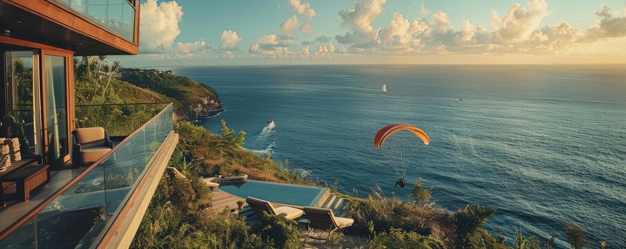 Modern cliffside villa overlooks the ocean with a paraglider soaring by, signifying luxury living and adventure.