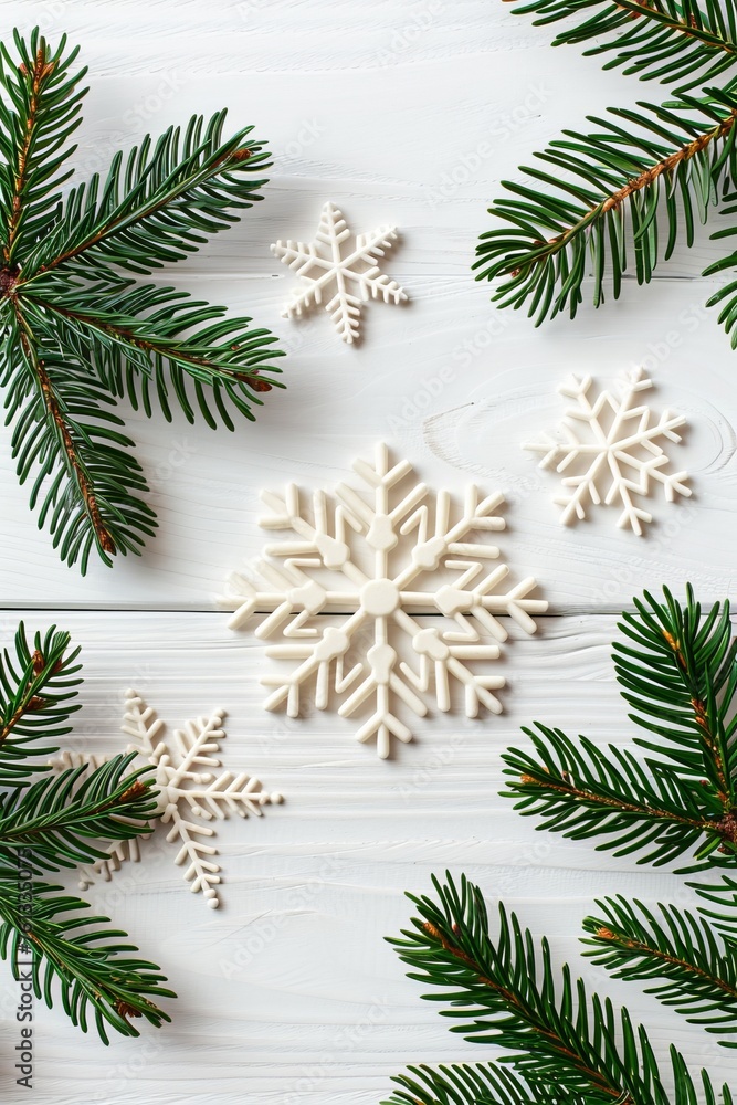 Poster christmas spruce branch and snowflakes frame providing ample space for text in festive setting