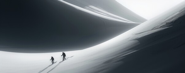 A minimalist snowscape captures two hikers trekking into the vast white winter, evoking feelings of adventure and isolation.