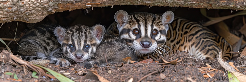 Aufkleber male oncilla and kitten portrait with empty space on left for text, object on right side