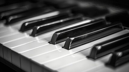 Close up monochrome picture of black and white piano keyboard keys in a detailed view