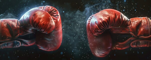 Two boxing gloves facing each other with water droplets in the air, suggesting a powerful impact or confrontation