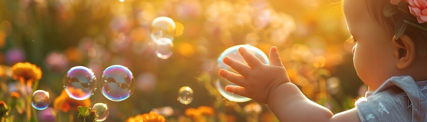 Playful surprise moment, baby reaching out with tiny hands towards colorful, floating bubbles, in a sun-drenched, vibrant garden scene. 
