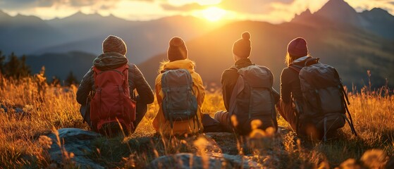 Group of friends share a moment of camaraderie atop a mountain, surrounded by autumn's splendor, embodying adventure, hiking, and the essence of outdoor travel.