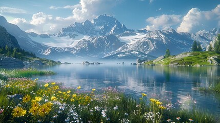 Majestic Alpine vista at sunrise, shimmering lakes, wildflowers, snow-peaked mountains, serene ambiance 