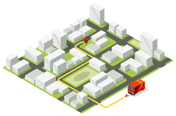 Delivery service isometric vector illustration. Parcel transportation map. Truck delivery. Shipping destination. Logistic and distribution 3d concept. Website, app design