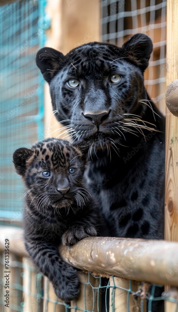 Poster male panther and cub portrait with space for text, object on right side ideal for adding a caption