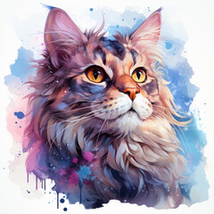 Watercolor Celestial Cat Illustration, Generative Ai