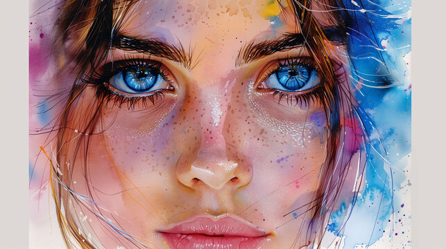 Colorful watercolor portrait of a woman with striking blue eyes and abstract elements.