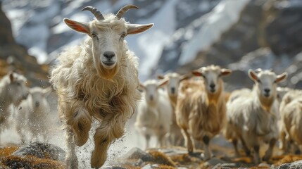 A goat leading a herd through rugged terrain, demonstrating leadership and the ability to guide others towards success in unpredictable markets.