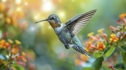 Hummingbird sipping nectar near solar panels and wind turbines showcases sustainable energy and environmental innovation.
