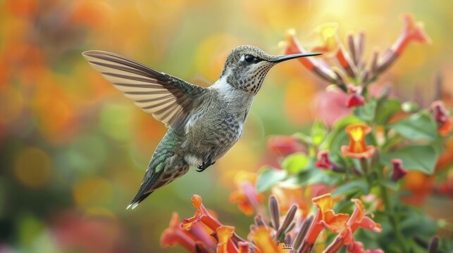 Hummingbird sipping nectar with solar panels and wind turbines, showcases sustainable energy and environmental innovation.