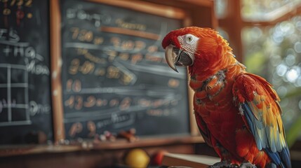 A parrot stands before a classroom chalkboard adorned with mathematical equations and languages, embodying engaging and dynamic educational platforms. - obrazy, fototapety, plakaty