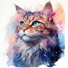 Watercolor Celestial Cat Illustration, Generative Ai