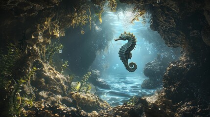 Seahorse floating at the entrance of a serene underwater cave guards treasures within, showcasing patience and protection in wealth management.