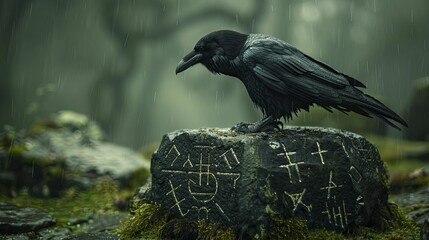 Fototapeta premium Raven perched on ancient moss-covered stone, glowing runes symbolize mystery & wisdom in cultural heritage brands.