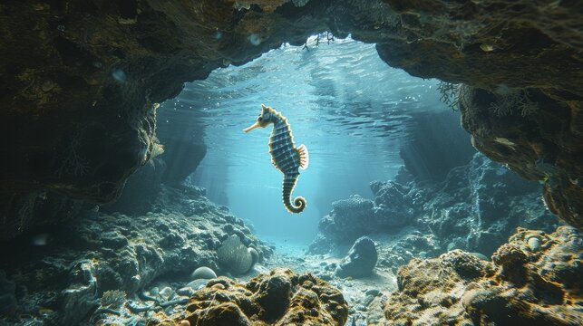 Seahorse floating at the entrance of a serene underwater cave, guarding treasures within, depicting the value of patience and protection in wealth management.