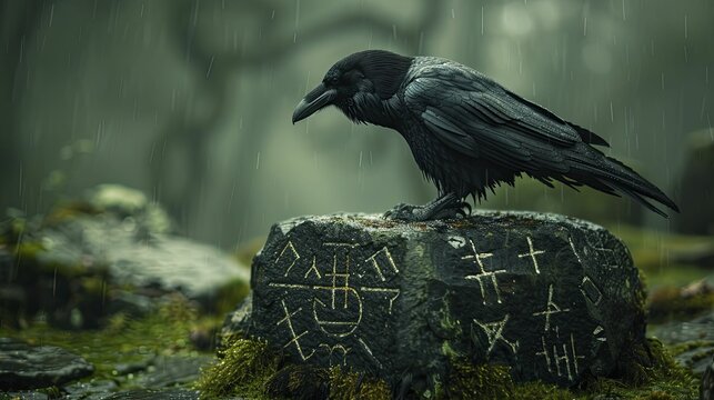 Raven perched on ancient moss-covered stone, glowing runes symbolize mystery & wisdom in cultural heritage brands.