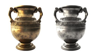 Gold and silver antique vases. Beautiful old amphor from the museum on the transparent background.