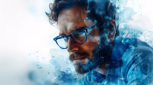 Abstract portrait of a thoughtful man with glasses, blending with dynamic blue watercolor splashes, depicting creativity and emotion.