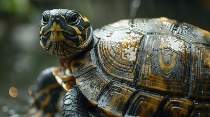 Naklejka premium Turtle in a protective stance, shell designed as a shield with a company logo, representing reliability and security in services offered.