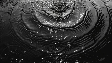 Top view of black and white abstract pattern in water with ripples on sunny summer day