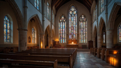 Sonnenaufgang durch Buntglasfenster einer gotischen Kirche an Pfingsten