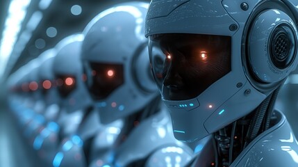 autonomous Armed force cyborg robots at quarter, Sci-fi fantasy futuristic theme, horror scary atmosphere, Generative Ai