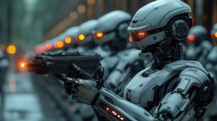 autonomous Armed force cyborg robots at quarter, Sci-fi fantasy futuristic theme, Generative Ai