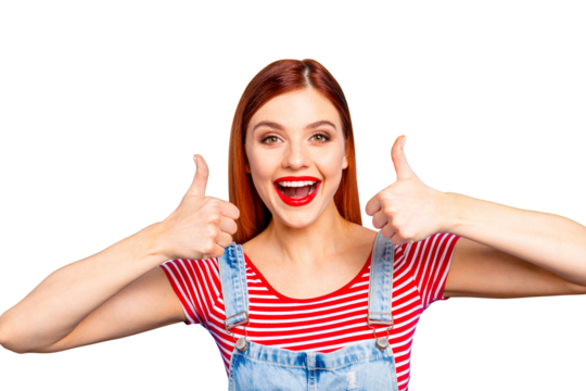 People person facial expression concept. Close up photo portrait of pretty funny funky charming cute nice glad girl making giving double two thumb up sign isolated on bright color blue background - Powered by Adobe