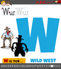 letter W from alphabet with cartoon illustration of wild west phrase