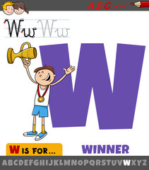 letter W from alphabet with cartoon winner character