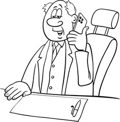 cartoon businessman behind the desk with phone coloring page