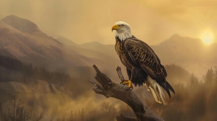 Golden Sunrise with Majestic Bald Eagle Over Misty Valley Stock Image