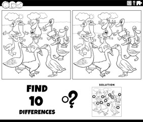 differences game with cartoon geese birds coloring page