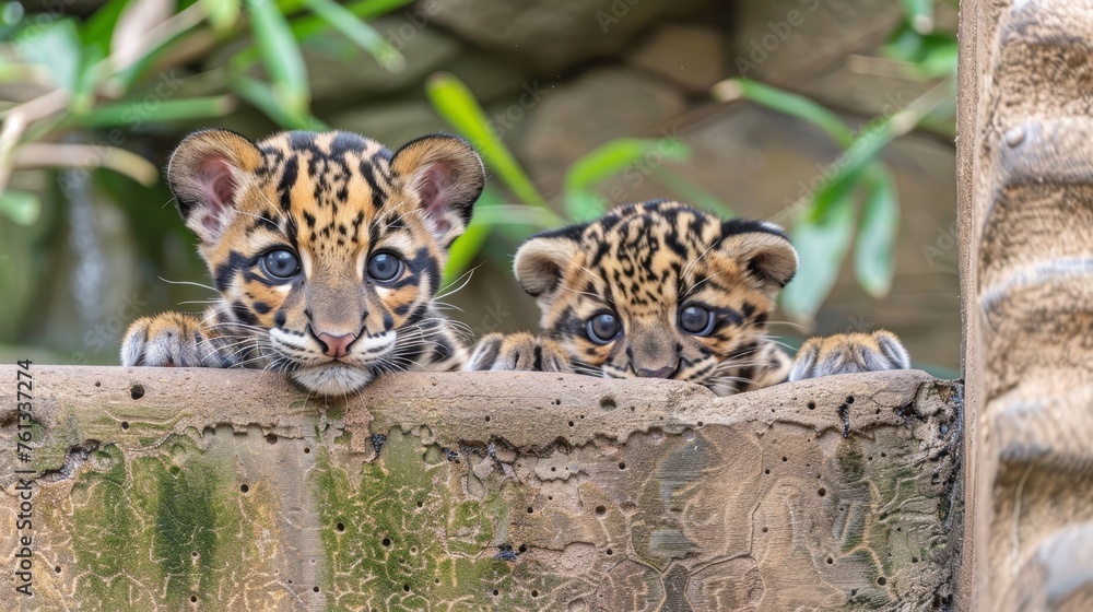Poster male clouded leopard and cub portrait with empty space for text and object on right side