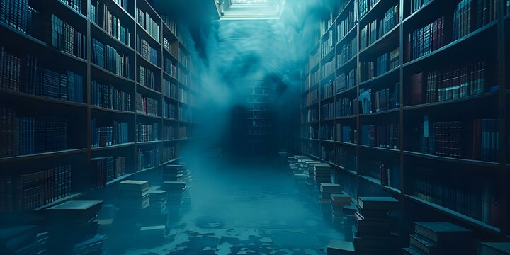 Spooky library with ghostly atmosphere and mysterious shadows lurking around shelves. Concept Halloween Photoshoot, Ghostly Vibes, Mysterious Shadows, Haunted Library, Spooky Atmosphere