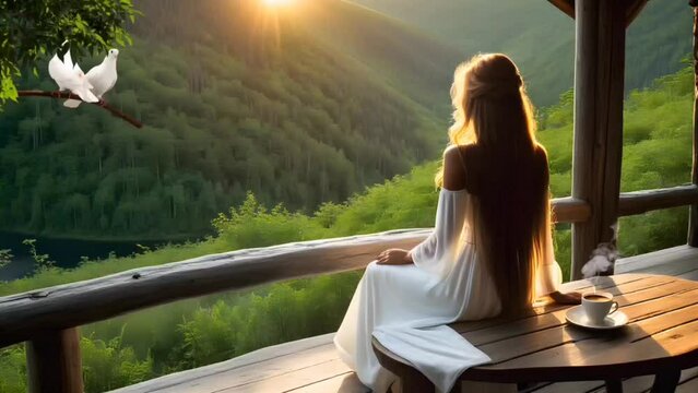 A woman in the balcony terrace with doves enjoying sunrise with hot coffee. Seamless looping time-lapse 4k video animation background