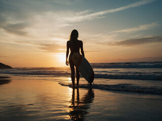 Silhouette of a Female Surfer with Board Watching Suns