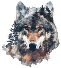 Watercolor Double Exposure of a  Wolf Head and Forest, isolated on white . AI generated Illustration. - 761337425