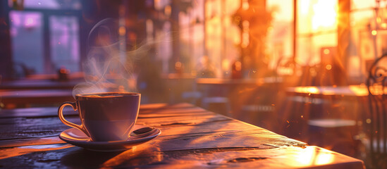 coffee on warm sunrise bathed wooden table in a cafe interior. coffee art concept. copy space - obrazy, fototapety, plakaty