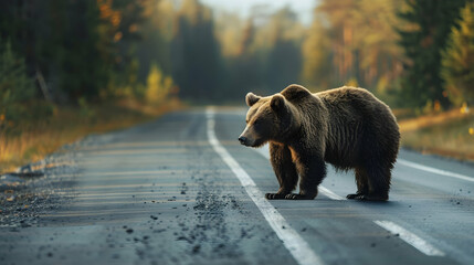 Bear standing on the road near forest at early morning  - obrazy, fototapety, plakaty