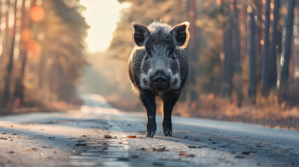 Boar standing on the road near forest at early morning