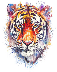 Watercolor Painting of Tiger, isolated on White Background. AI generated Illustration. - 761337878