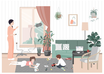 Woman, mom of two kids, cleaning windows at home with vacuum robotic cleaner. Woman that is a mother, housekeeper and business lady at the some time. Vector illustration.