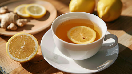 Cup of ginger tea with lemon on wooden table
