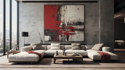 Modern loft design featuring clean lines and hand drawn abstract art for a stylish living space.