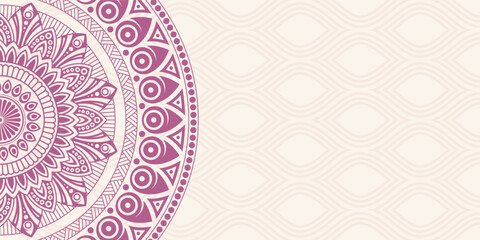 Horizontal mandala vector banner. Decorative flower mandala background with place for text. Pink mandala on beige background. Colorful ornamental ethnic banner. Arabic Islamic east style. - 761338098