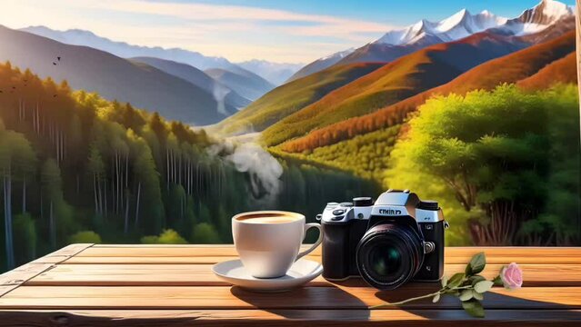 Cup of coffee with camera and rose on exotic mountains background. Seamless looping time-lapse 4k video animation background