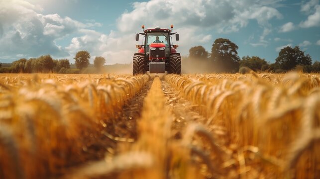 Tractor Driving Through Wheat Field